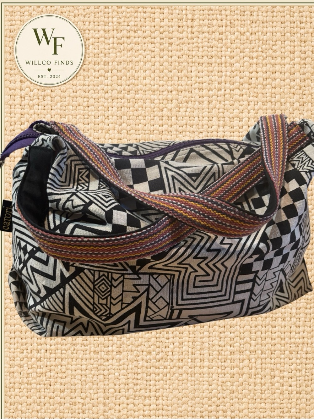 Catori Black White Geometric Canvas Shoulder Bag Purple Lining Boho